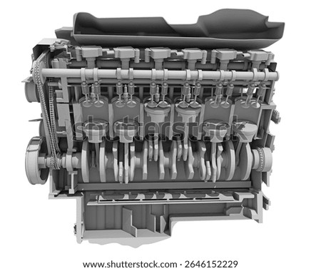 V12 Cutaway Car Engine Sectioned in Clay Style Render on White Background 3D Rendering