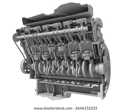 V12 Cutaway Car Engine Sectioned in Clay Style Render on White Background 3D Rendering