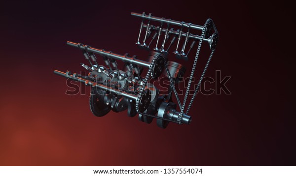V6 engine inside, in\
motion, pistons, camshaft, chain, valves and other mechanical parts\
car. 3d Illustration of how an internal combustion engine works in\
motion