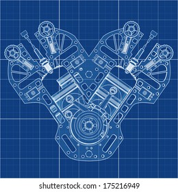 V8 Car Engine Cad Cartoon White Drawing On Blue Background Illustration Outline. High Resolution 3D 