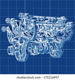 V8 Car Engine Cad Cartoon White Drawing On Blue Background Illustration Outline. High Resolution 3D 