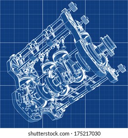 V8 Car Engine Cad Cartoon White Drawing On Blue Background Illustration Outline. High Resolution 3D 