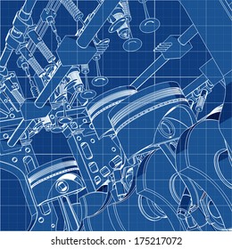 V8 Car Engine Cad Cartoon White Drawing On Blue Background Illustration Outline. High Resolution 3D 