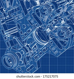 V8 Car Engine Cad Cartoon White Drawing On Blue Background Illustration Outline. High Resolution 3D 