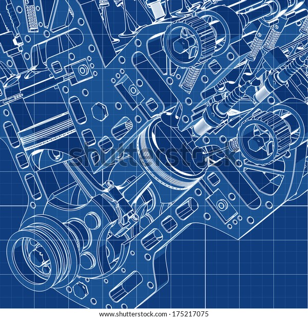 青の背景にv8カーエンジンのcadカートーンの白い図面 高解像度3d のイラスト素材