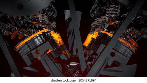 V8 Engine With Explosions And Sparks. Machines And Industry 3D Illustration Render.