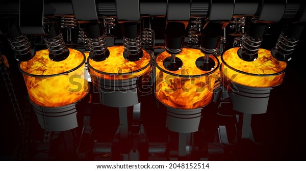 V8 Engine With\
Explosions And Sparks. Rotating Pistons. Machines And Industry 3D\
Illustration Render.