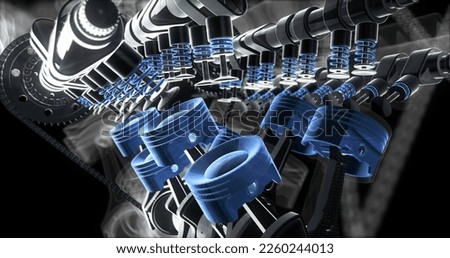 V8 Engine Pistons Moving Up And Down. Crankshaft In Motion. Machines And Industry Related 3D Illustration Render.