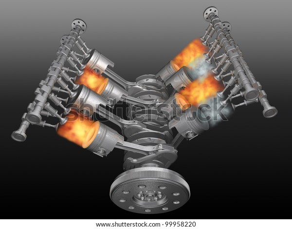 V8 motor pistons, valves, con-rod and crankshaft\
in work. 3D image.
