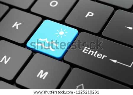 Vacation concept: computer keyboard with Beach icon on enter button background, 3D rendering