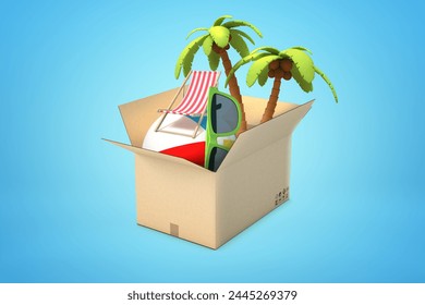 Vacation essentials packed in cardboard box. 3D Illustration - Powered by Shutterstock