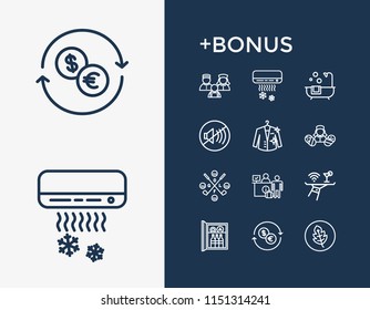 Vacation icon set and dry cleaning with green products, exchange and minibar. Currency related vacation icon  for web UI logo design. - Powered by Shutterstock