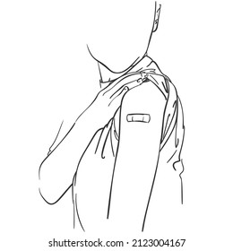 Vaccinated people illustration drawing  No Face person showing arm shoulder patch after receiving vaccine during covid  19 immunization program sketch  Hand drawn black   white graphics