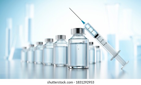 Vaccination concept with syringe and bottles of vial with copy space  - 3D illustration