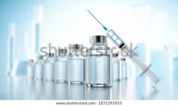 Vaccination concept with syringe and bottles\
of vial with copy space  - 3D\
illustration