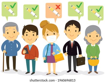 Vaccination concept. Vaccinated people and one not vaccinated person. Woman worried about not getting the vaccine. - Powered by Shutterstock