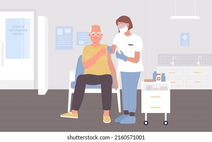 Vaccination, Disease Treatment, Medicine Illustration. Cartoon Woman Doctor Character Making Vaccine Injection To Old Senior Man Patient In Interior Of Hospital Clinic Background