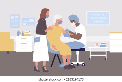 Vaccination, disease treatment, medicine illustration. Cartoon woman doctor character making vaccine injection to old senior woman, holding medical syringe in hospital clinic background - Powered by Shutterstock