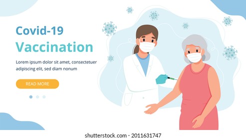 Vaccination for the elderly, senior woman and a doctor with a syringe. Banner webpage template illustration in flat cartoon style - Powered by Shutterstock