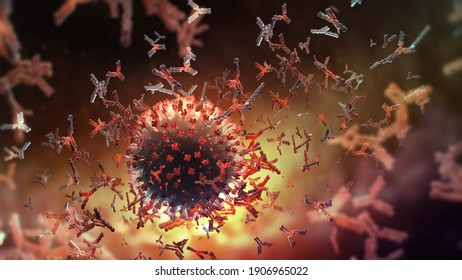 Vaccine. Antibody production. Virus under microscope. Antibodies and viral infection. Immune defense of body. Attack on antigens 3D illustration