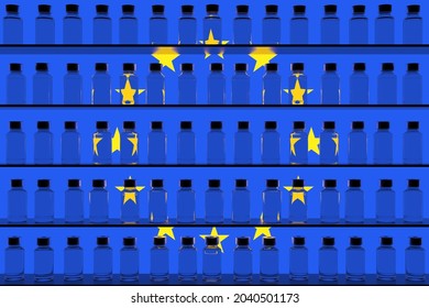 Vaccine Bottles And Flag Of The European Union. Vaccination Related Conceptual 3D Rendering