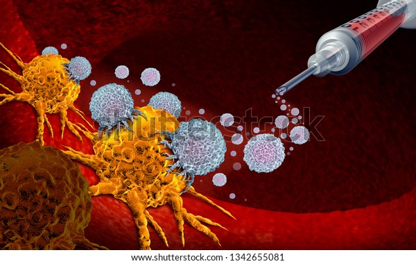 Vaccine for cancer as oncology treatment\
concept using immunotherapy with with cells from the human body as\
a 3D\
illustration.