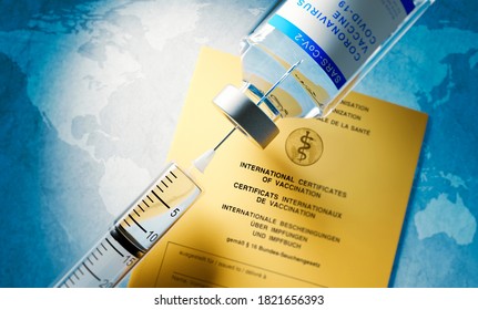 Vaccine concept with syringe, vial and yellow international certificate of vaccination - 3D illustration