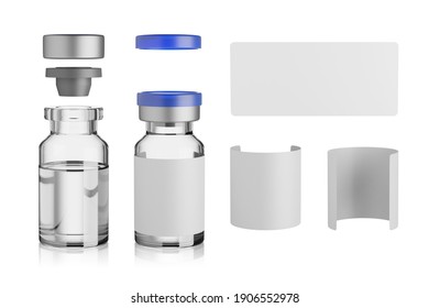 Vaccine glass vial mockup isolated on white background, 3d rendering.