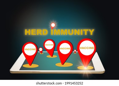 Vaccine Pins Icon On Computer Digital Tablet On Green Color Background. Herd Immunity Large Portion Protection Concept And Business Recovery Idea. 3d Illustration And 3d Rendering