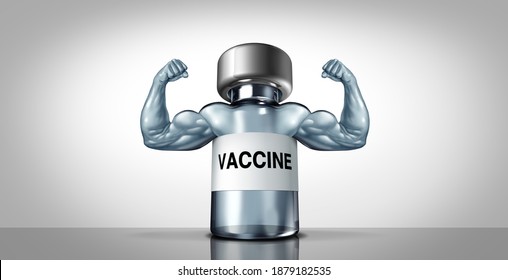 Vaccine Power Symbol As A Medicine Bottle For Life Saving Vacination Of A Dangerous Virus Infection As Coronavirus Or Covid-19 And Influenza Or The Flu With 3D Illustration Elements.