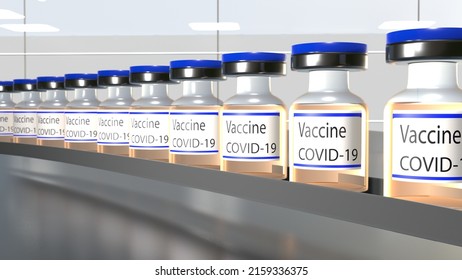 Vaccine Production. Many Covid-19 Vaccine Vials In Production. Factory. 3D Render.