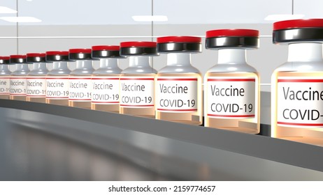 Vaccine Production. Many Covid-19 Vaccine Vials In Production. Factory. 3D Render.