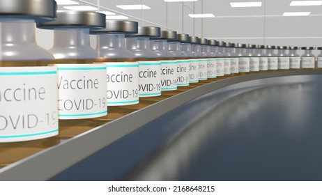 Vaccine Production. Many Covid-19 Vaccine Vials In Production. Factory. 3D Render.