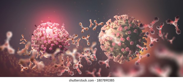 Vaccine Search And Antibody Research. Viruses And Microorganisms Under A Microscope. Realistic 3D Illustration