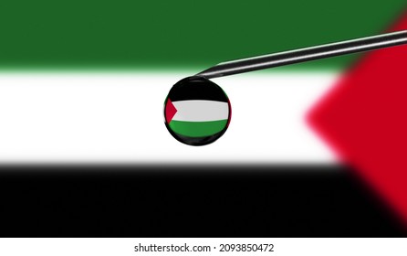 Vaccine Syringe With Drop On Needle Against National Flag Of Palestine Background. Medical Concept Vaccination. Coronavirus Sars-Cov-2 Pandemic Protection. National Safety Idea.