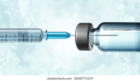 Vaccine And Syringe as a medical equipment symbol for Immunization vaccination and using syringes as a hospital needle in a bottle of medicine as a medication as a 3D illustration. - Powered by Shutterstock