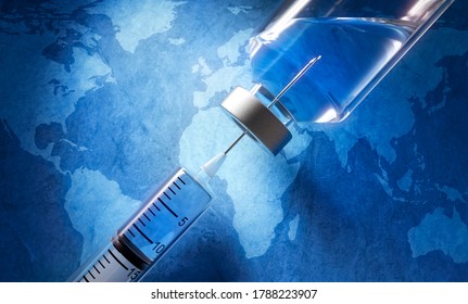 Vaccine and syringe with world map background - 3D illustration