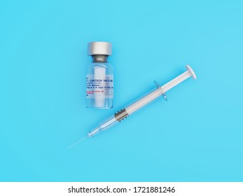 Vaccine Vial For COVID-19 Or Coronavirus And Syringe Viewed From Above Over A Clean Blue Minimalist Background - 3d Rendering Concept