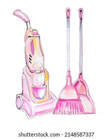 Vacuum Cleaner Illustration. Watercolor Hand Painted Electric Broom. Cleaning Service Design. Housework Concept Clipart. Carpet Cleaning Service.