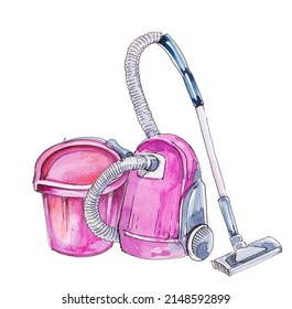 Vacuum Cleaner Illustration. Watercolor Hand Painted Electric Broom. Cleaning Service Design. Housework Concept Clipart. Carpet Cleaning Service.