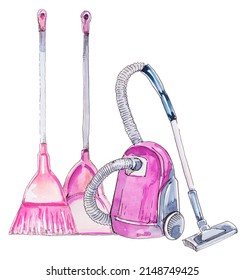 Vacuum Cleaner Illustration. Watercolor Hand Painted Electric Broom. Cleaning Service Design. Housework Concept Clipart. Carpet Cleaning Service.