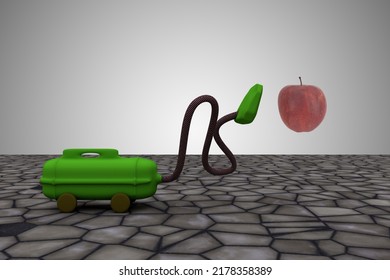 Vacuum Cleaner Sucks Apple. It Take It All Or Clean Up The Mistakes Or All Clear Or Make The Mess Disappear Concept. 3D Illustration