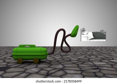 Vacuum Cleaner Sucks Bed. It Take It All Or Clean Up The Mistakes Or All Clear Or Make The Mess Disappear Concept. 3D Illustration