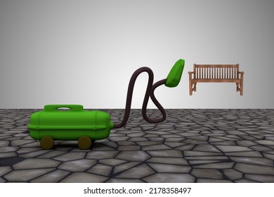 Vacuum Cleaner Sucks Bench. It Take It All Or Clean Up The Mistakes Or All Clear Or Make The Mess Disappear Concept. 3D Illustration