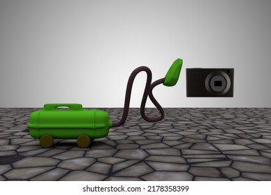 Vacuum Cleaner Sucks Camera. It Take It All Or Clean Up The Mistakes Or All Clear Or Make The Mess Disappear Concept. 3D Illustration