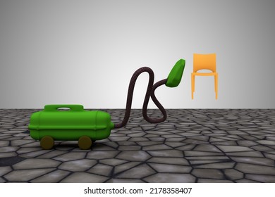 Vacuum Cleaner Sucks Chair. It Take It All Or Clean Up The Mistakes Or All Clear Or Make The Mess Disappear Concept. 3D Illustration