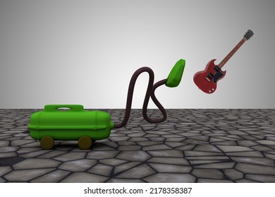 Vacuum Cleaner Sucks Guitar. It Take It All Or Clean Up The Mistakes Or All Clear Or Make The Mess Disappear Concept. 3D Illustration