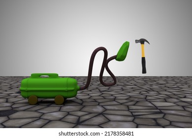 Vacuum Cleaner Sucks Hammer. It Take It All Or Clean Up The Mistakes Or All Clear Or Make The Mess Disappear Concept. 3D Illustration