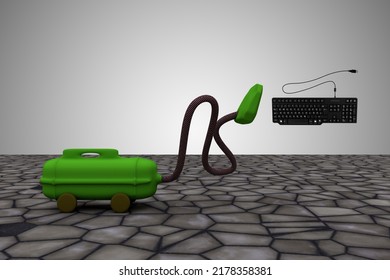 Vacuum Cleaner Sucks Keyboard. It Take It All Or Clean Up The Mistakes Or All Clear Or Make The Mess Disappear Concept. 3D Illustration