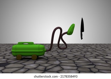 Vacuum Cleaner Sucks Knife. It Take It All Or Clean Up The Mistakes Or All Clear Or Make The Mess Disappear Concept. 3D Illustration